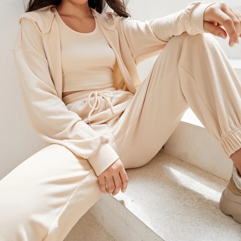 Zip Up Drop Shoulder Drawstring Hoodie & Sweatpants & Tank Top